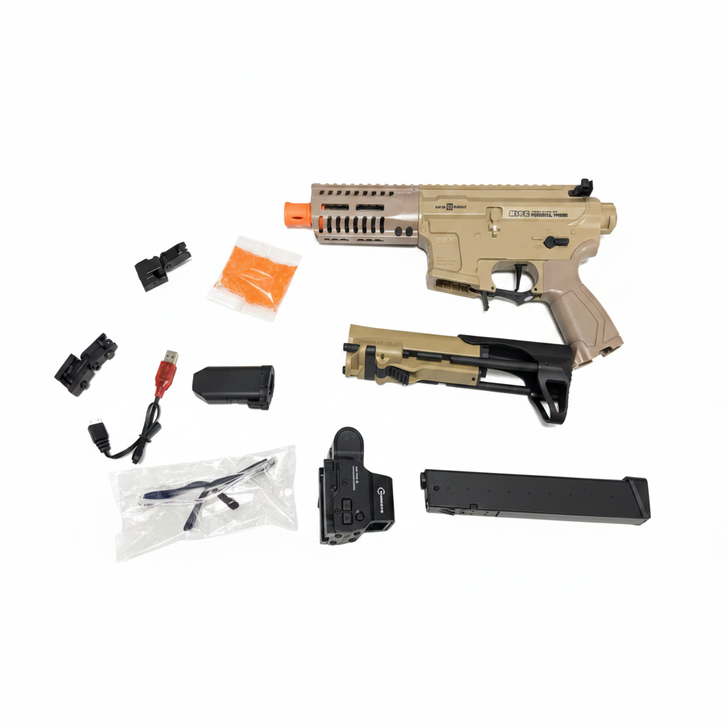 Sand ARP9 Gel Blaster full accessories kit on white background